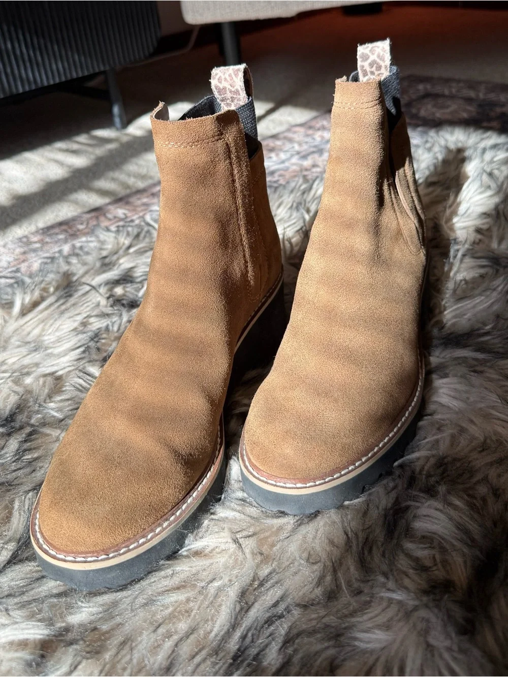 Dolce Vita Brown Suede Chelsea Boots with Leopard Pull Tab